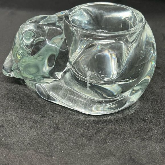 VTG Indiana Glass 5” Crystal Lazy Sleeping Cat Votive Tealight Candle Holder - Picture 5 of 14